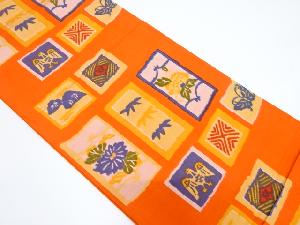 短冊に笹・牡丹模様織り出し全通袋帯